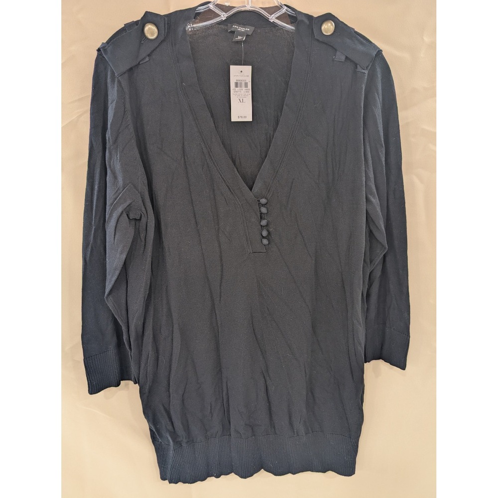 Ann Taylor Black V-Neck Button Detail Shoulder Tab Knit Sweater XL - Picture 1 of 7